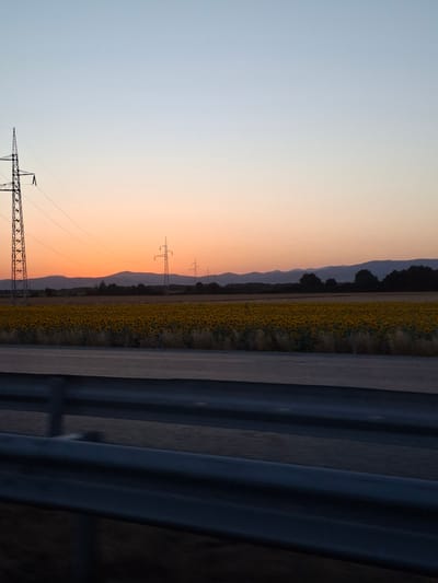 The image depicts a rural landscape at sunset, likely in or near the village of Zagortsi, Bulgaria. In the foreground, a dark metal guardrail runs horizontally across the bottom of the frame. Beyond the guardrail, a vast field of sunflowers stretches towards the horizon, their yellow heads facing the setting sun. In the middle ground, several power lines supported by tall metal towers traverse the scene. A dark line of trees and rolling hills form the background, silhouetted against the gradient sky, which transitions from a pale blue at the top to a warm orange and pink near the horizon. The overall impression is one of a peaceful, natural setting at the end of the day.