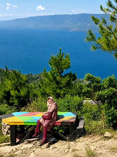 In Parik Sabungan, Indonesia, a woman is seated on a colorful, multi-hued picnic table with a dark-colored base, situated on a rocky, uneven terrain. She wears a light brown hijab and a patterned maroon dress with matching maroon trousers and shoes. The woman is smiling and looking towards the camera. Behind her, lush green trees and pine trees dominate the mid-ground. In the background, a vast, deep blue body of water stretches to the horizon, bordered by a distant, hazy mountain range under a clear blue sky with scattered white clouds.