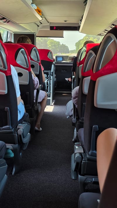 The image depicts the interior of a bus, viewed from the back of the vehicle looking forward. Rows of empty seats with red and black upholstery line the aisle. Sunlight streams in from the windows, illuminating the carpeted floor. In the distance, through the windshield, a road can be seen with trees lining either side, suggesting a rural or suburban setting. A digital display above the driver's area shows the number "3". The scene is static and devoid of overt activity.