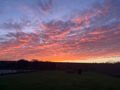 A vibrant sunset fills the sky with orange and pink clouds, fading into a blue-purple hue above. Below, a grassy area with a fence and some trees is visible. A picnic table sits on the grass, suggesting a park or recreational space. The scene captures a peaceful moment with nature's colorful display as the focal point.
