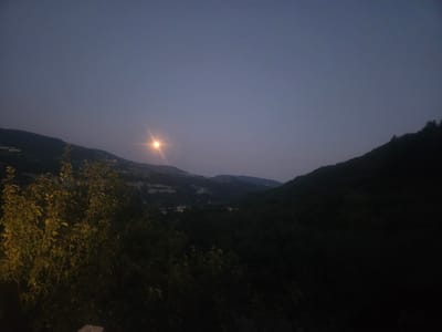A wide-angle landscape photograph depicts a twilight scene in the Valpolicella region, specifically near Fumane, Italy. The sky is a deep, dusky blue, transitioning to a lighter hue near the horizon where a bright, luminous moon is visible. The moon has a starburst effect, indicating its intense light.
The foreground is dominated by the dark silhouette of lush, leafy trees on the left side of the frame. Their leaves are illuminated by the moonlight, creating patches of yellow and green against the dark foliage. To the right, the landscape slopes downwards into a valley, densely covered with trees, forming a dark, undulating mass.
In the mid-ground and background, rolling hills and mountains recede into the distance. The terrain is heavily wooded, with pockets of light suggesting scattered dwellings or streetlights in the valley and on the slopes. The overall impression is one of a serene, natural landscape illuminated by the soft glow of the moon.