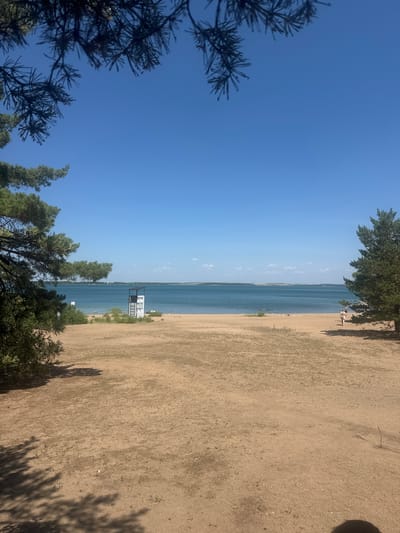 This image depicts a bright, sunny day at a sandy beach with a clear blue sky. In the foreground, the dark silhouettes of evergreen trees frame the left side of the scene. The beach itself is composed of light-colored sand, with sparse patches of dry grass. A calm, blue body of water stretches across the middle ground, meeting the horizon under the expansive sky.
Several objects and subtle details are visible. A white lifeguard tower stands near the water's edge, suggesting a recreational area. In the distance, a few people can be seen on the beach and possibly in the water, indicating a relaxed atmosphere. There is also a shadow of a person cast on the sand, implying the time of day is likely midday or afternoon due to the strong sunlight. The overall impression is one of a peaceful summer day in a natural setting, possibly a lake or a very calm sea. The location context suggests this is Antonovka, a rural district in Kazakhstan. No visible text is present in the image.