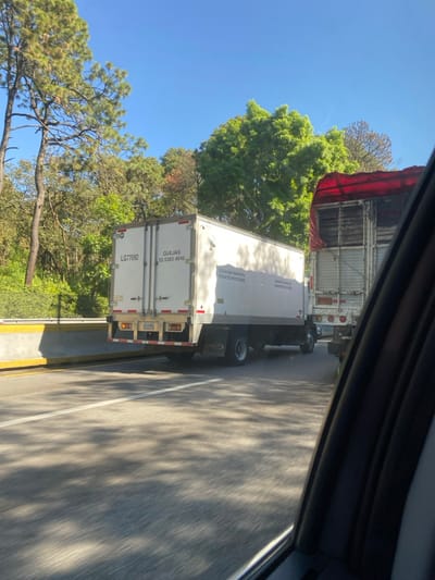 The image captures a view from inside a moving vehicle, showcasing two large trucks on a highway. The focus is on the rear of the white truck in the foreground, with its license plate partially visible. Green trees line the side of the road, contrasting with the clear blue sky above. The window frame of the vehicle and shadows cast on the asphalt road are also apparent.