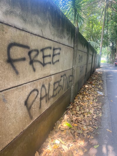 The image depicts a concrete panel wall lining the side of a paved road in Desa Batu Layar, Indonesia, under bright daylight conditions. The wall, constructed from horizontal pre-cast concrete sections, shows weathering and staining, particularly near the top. Prominently spray-painted in black, the words "FREE PALESTINE" are visible on the left portion of the wall, with "FREE" on an upper panel and "PALESTINE" on a lower panel. Further along the wall to the right, fainter black graffiti reads "BMX" above "BATU." The base of the wall abuts a collection of dry, brown leaves and minor debris that extends to the edge of the asphalt road. The road, which appears to be a single lane from this perspective, recedes into the distance on the right. Overhead and behind the wall, a dense canopy of tropical trees and foliage is visible, including a distinct palm tree. A utility pole with overhead wires is situated along the right side of the road further down. In the far distance on the road, a person on a motorcycle is partially visible, moving away from the viewer. No direct interaction between individuals or subjects is occurring in the foreground.