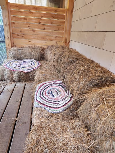 The image depicts a rustic seating area constructed with large bales of hay, possibly in a rural setting like Mokhovichki, Russia. Two circular, multi-colored rag rugs are placed on top of the hay bales. The area is enclosed by a wooden slatted wall on the left and a light-colored cinder block wall on the right. The floor is made of wooden planks. The overall impression is one of a simple, outdoor gathering space. There are no people visible in the image.