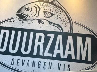 This is a close-up, eye-level, horizontal medium shot of a sign with a graphic of a fish. The sign appears to be a mural or a large decal on a wall. The graphic depicts the head and body of a fish with stylized scales, a wide-open mouth, and fins. Below the fish graphic, the word "DUURZAAM" is prominently displayed in large, bold, white capital letters against a dark background. Beneath "DUURZAAM", in smaller, dark capital letters, are the words "GEVANGEN VIS". The sign has a distressed, textured appearance, with speckles and lines that give it an aged or artistic look. The lighting suggests an indoor environment, possibly a store or a restaurant, with a warm light source at the top right casting a gentle glow on the textured wall. The wall itself is a neutral, light grey color. There are no people or other discernible objects in the scene. The sign's content, "Duurzaam Gevangen Vis," translates to "Sustainably Caught Fish," indicating it's likely advertising a seafood business or product. Based on this slogan, the sign is located at "Oosterhout Vis", a fishmonger located at Slotlaan 17 in Oosterhout, Netherlands.