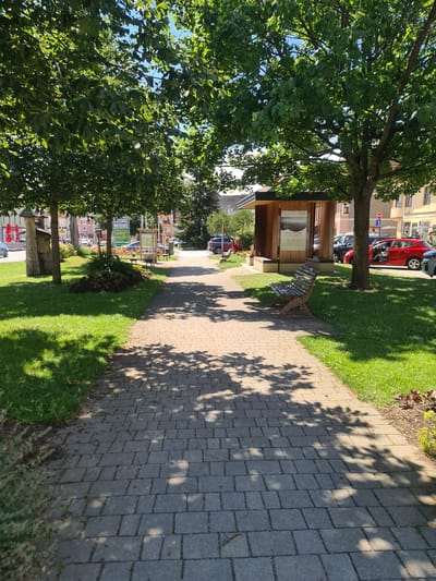 The image depicts a sun-dappled pedestrian walkway paved with rectangular gray stones, bordered by a neatly mowed green lawn on the left and right. Mature trees with lush green canopies arch over the walkway, casting intricate shadows. In the mid-ground, to the right of the walkway, is a small, modern wooden structure with a slanted roof, possibly a bus stop or information kiosk, displaying a mounted informational panel with text and imagery. Adjacent to this structure, a bench made of weathered wood slats and dark metal supports sits on the grass. Further to the left, another wooden structure, appearing older and more rustic, is partially visible. The background reveals a street with parked cars, including a bright red hatchback and a dark SUV, and buildings with pitched roofs and visible windows. Traffic signs, including a red stop sign, are also present. The overall setting suggests an outdoor public space within a town or village.