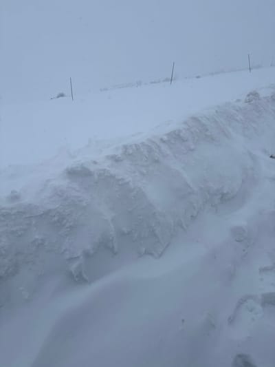 This image captures a desolate, snow-covered landscape in Kuchak, Armenia, under conditions of extremely low visibility. The foreground features a substantial snowdrift, characterized by a textured, irregular surface and sharp crests, suggesting significant wind-blown accumulation. This snowdrift extends across the lower portion and up the right side of the frame. Beyond this, the midground presents a flat expanse of undisturbed snow where two slender, dark vertical poles are visible, spaced horizontally. The background merges indistinctly with the sky, forming a uniform light grey-white, indicating heavy snowfall or dense fog. Faint, dark, linear elements are minimally discernible on the distant horizon. No individuals, animals, or vehicles are present in the scene.