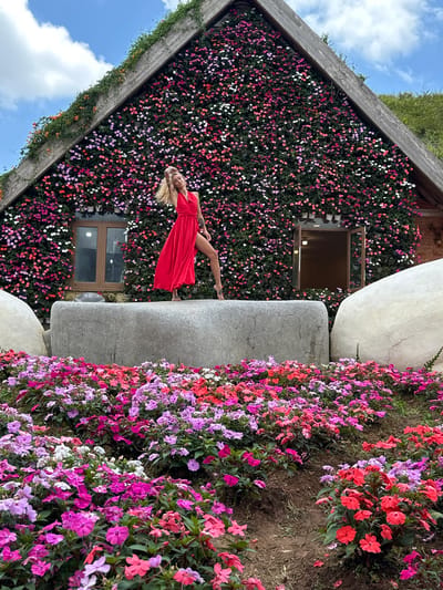 The image depicts a woman in a vibrant red dress posing on a large, rough-hewn gray stone. She stands against a striking backdrop of a building covered in an abundance of small, colorful flowers, predominantly pink, red, and white, with some green foliage. The building has a steep, angled roofline and features a wooden-framed window and an open doorway. To the left and right of the central stone are large, smooth, light-colored spherical rocks. In the foreground, a densely packed garden of similar pink, red, and purple flowers stretches across the scene. The sky above is a bright blue with scattered white clouds. The setting appears to be the Cam Ly flower garden in Đà Lạt, Vietnam, a location known for its floral displays and natural beauty. The woman's pose suggests a moment of leisure and aesthetic appreciation within this visually rich environment.