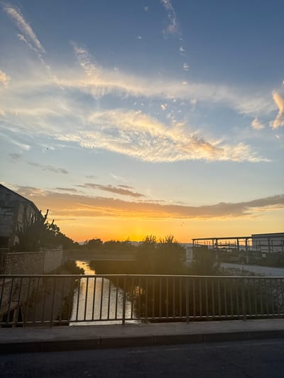This is a vertical, eye-level, medium shot of a sunset over a canal in Pia, France. The sky is a gradient of blue to orange, with wispy clouds illuminated by the setting sun. A thin, dark railing runs across the bottom foreground of the image, suggesting the photograph was taken from a bridge. Below the railing, a canal flows, its surface reflecting the warm colors of the sky. The banks of the canal are lined with trees and some buildings, including a stone structure on the left and what appears to be an industrial or construction site on the right. There are a few birds visible in the sky, and no people are present in the scene. The overall mood of the image is tranquil and serene, with the sunset casting a warm glow over the landscape.