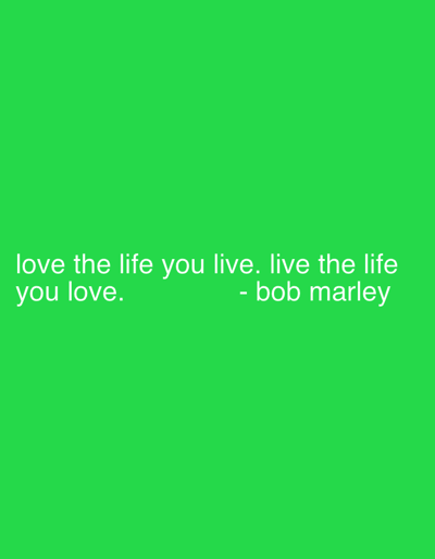 A bright green background displays a quote in white text. The quote reads "love the life you live. live the life you love. - bob marley". The text is centrally positioned and clearly legible, suggesting a motivational or inspirational theme. The simplicity of the design emphasizes the message.