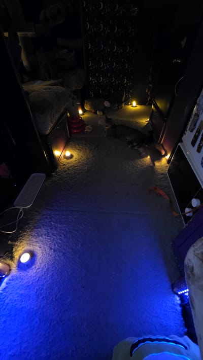 The image shows a dimly lit interior, possibly a living space, with several artificial lights casting warm yellow and cool blue glows. The floor appears to be carpeted and is illuminated by both types of lighting. In the background, there are shelves with various items, including what looks like dinosaur skeletons or toys, and a patterned screen with a crescent moon motif. A cat is lying on the floor near the center of the image. There are also some red and orange objects on the floor, and a white rectangular device with a cable in the foreground. The overall atmosphere is dark and cozy. The location is stated to be Weston-super-Mare, United Kingdom.