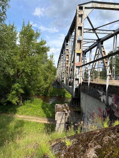 This is a photograph taken from a low angle, looking up at an old metal truss bridge crossing a small river. The bridge is made of weathered, rusted metal, with visible bolts and structural supports. The concrete abutments of the bridge are covered in graffiti. To the right of the bridge, a large tree trunk covered in moss is visible. Lush green trees and vegetation line the riverbanks, with a dirt path winding through the grass. The sky above is partly cloudy with a bright blue background. The scene appears to be set during the daytime on a sunny day. The image is oriented vertically, so the text on the bridge is also sideways. Visible text includes a blue and white diamond-shaped sign on the bridge structure and red and black graffiti on the concrete. The overall mood is one of nature reclaiming an industrial structure.