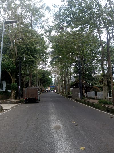 The image depicts a paved road stretching into the distance, lined on both sides by trees. A light-colored stripe runs down the center of the road. On the left side, a utility pole and a dark-colored truck are visible. Houses and vegetation are on both sides of the road. People and other vehicles can be seen in the distance, where the road seems to curve. The location is suggested to be in Ban Phouviengnoy, Laos. The sky appears overcast.
