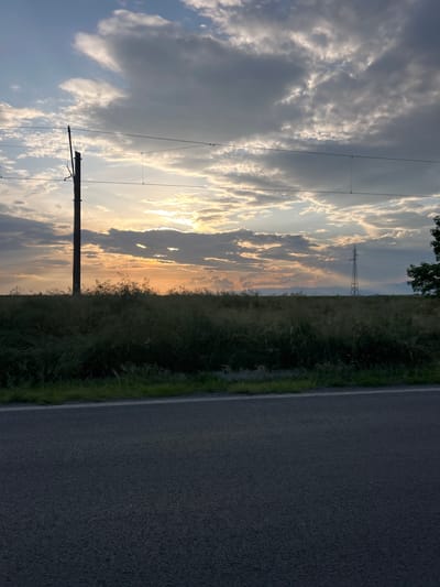 The image displays a serene rural landscape in Kaloyanovo, Bulgaria, captured during either sunrise or sunset. The upper half of the frame is dominated by a dramatic sky filled with a mix of grey and white clouds. The sun, positioned low in the sky, is partly obscured by clouds but casts a warm, golden light that breaks through, illuminating the horizon and highlighting the cloud formations.
Below the expansive sky, a field of tall, dark green grass and shrubs stretches across the middle ground, appearing somewhat silhouetted against the brighter horizon. In the left foreground, a dark wooden utility pole rises into the sky, supporting visible power lines that traverse the frame. Further in the distance, near the horizon line, a tall metal electricity pylon is discernible against the glowing sky. To the right of the field, a section of an asphalt road is visible, featuring a distinct white line along its edge. A small amount of dark tree foliage is present at the very top edge of the image.
The scene conveys a peaceful atmosphere, devoid of any visible human activity. The soft, warm light is the most notable detail, strongly indicating the time of day is either early morning or late evening. There is no visible text in the image.