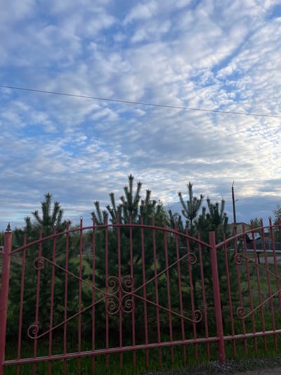 The photograph depicts a cloudy sky above Ulukulevo, Russia. A red metal gate with decorative swirls partially obscures the view, with evergreen trees visible behind the gate. A utility pole with wires runs vertically through the sky. The gate is slightly ajar, revealing greenery and grass on the ground. A section of a building is also visible behind the trees.