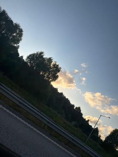 The image depicts a roadside scene with a wooded hillside under a clear sky with scattered clouds. The perspective is from a road, indicated by the asphalt surface and a metal guardrail along the side. Double white lines are visible on the road surface. A lamppost stands on the right side of the road, angled upwards towards the sky. The hillside is covered with dense trees and vegetation, with patches of light breaking through the foliage, suggesting the sun is setting or has recently risen. The sky is a gradient of light blue, with fluffy white and golden-tinged clouds in the upper right quadrant of the image. The overall impression is one of a natural landscape adjacent to a road, possibly in a rural or suburban area. The image is tilted, with the road appearing to run diagonally from the bottom left to the top right.