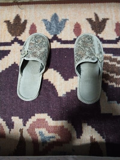 A pair of light-colored slippers with a paisley pattern are displayed on a rug. The rug has a geometric pattern in shades of brown, cream, and purple. The slippers are open-toed and appear to be made of fabric. They are positioned side-by-side, with the left slipper slightly higher than the right. The scene is photographed from a top-down perspective. There is no information available regarding the location in the city of Brish, Russia.