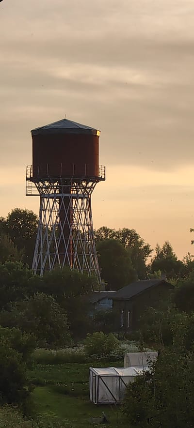 The image depicts a red water tower with a conical roof, supported by a white metal lattice structure, situated amidst dense green foliage. The water tower is the central and tallest element in the scene. Below the water tower, a small, dark-colored building with a sloped roof is partially visible, also surrounded by trees. In the foreground, a green lawn is dotted with small white flowers and features two white-covered greenhouses or cold frames. The sky above is overcast with a soft, yellowish-orange hue, suggesting either sunrise or sunset. The overall setting appears to be rural or semi-rural, likely within a village or on the outskirts of a town. The water tower itself has a walkway around its base and a ladder attached to its side. Several small, dark specks, potentially birds, are visible in the sky. The image composition suggests a still, quiet atmosphere. The location is identified as being within the Коханаўскі сельскі Савет, Belarus.