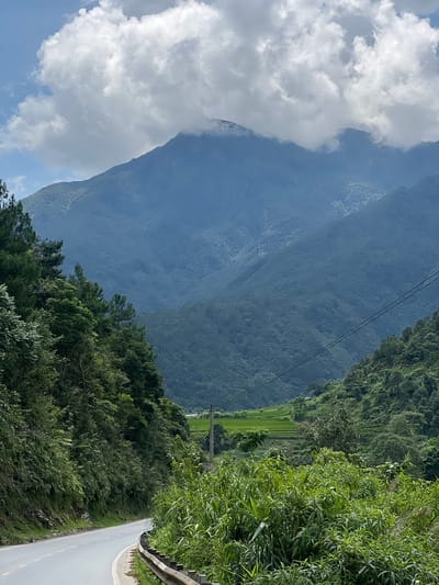 The image depicts a winding asphalt road leading into a lush green mountain valley. The road curves to the left in the foreground, bordered by thick vegetation and a metal guardrail. Dense trees and foliage cover the slopes on either side of the road, with some trees extending into the upper left portion of the frame. In the middle ground, a terraced rice paddy is visible, its vibrant green contrasting with the darker greens of the surrounding mountains. The background is dominated by a large, misty mountain range with a cloudy sky overhead. The overall impression is a natural, undeveloped landscape, suggesting a rural or mountainous area. This scene is located in the city of Bình Lư, Vietnam, a region known for its scenic mountainous terrain and agricultural landscapes, particularly rice cultivation.