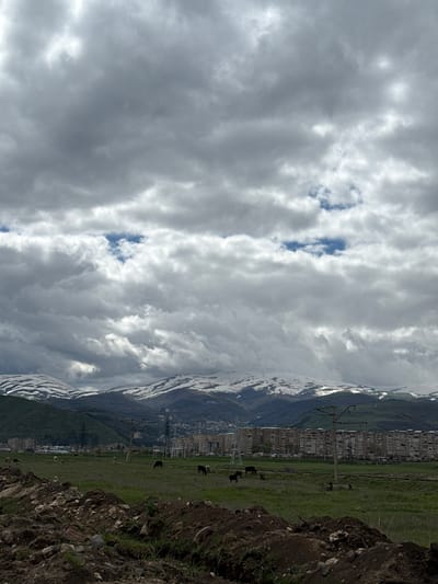 The image shows a view in Hrazdan, Armenia. The sky is filled with predominantly gray clouds with occasional patches of blue. Below the clouds, a mountain range is partially covered in snow. Adjacent to the mountain, a town is visible with apartment buildings and industrial structures. In the foreground, a green field slopes towards a rocky, elevated area with dirt and sparse vegetation. Overhead power lines extend throughout the field. Several cattle are grazing.