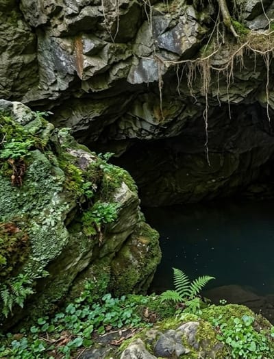 The image depicts a natural scene of a rocky alcove or small cave entrance beside a body of dark water. Large, rough-textured rocks covered in lush green moss and various small plants dominate the foreground and left side of the frame. Roots and trailing vines hang from the rocky overhang above the water. A single fern frond stands prominently on the mossy bank. The water appears still and dark, reflecting some of the overhead structure. The overall environment suggests a damp, shaded, and natural setting. The location in Penungkiren, Indonesia, is not visually represented in the image itself, as there are no man-made structures or identifying landmarks.