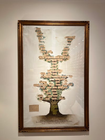 The image shows a framed genealogical tree, likely a family tree, displayed on a plain, off-white wall. The tree is painted with branches and leaves, and small, rectangular labels with names and dates are attached to the branches. The frame is ornate and made of wood with a gold finish. At the bottom of the tree, there is text in a cursive font that reads "MAISON D'ANDUSE Princes et Marquis d'Anduse, Barons d'Uzès, Alais, Nîmes et Tourbes, Marquis de Rougierol et de Caylar alias Duciar". A small rectangular plaque with more text is positioned to the left of the tree trunk. The lighting suggests an indoor setting, possibly a museum or a home. The background wall shows reflections of lights, indicating a well-lit environment. The overall presentation is that of an artwork or historical document on display. There are no people visible in the image. The location is identified as Port de Pollença, Spain.
