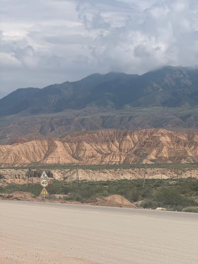 The image depicts a mountainous landscape near the city of Tong, Kyrgyzstan. The foreground features a paved road with a slight incline. To the left of the road, there are several traffic signs, including a yield sign, a pedestrian crossing sign, and a speed limit sign indicating 40. Beyond the road, a desolate, rocky terrain rises, characterized by layered, eroded hills with sandy and ochre tones. The middle ground is a band of arid shrubbery interspersed with scattered trees. In the background, majestic mountains dominate the scene, with the lower slopes covered in a dense, dark green forest, transitioning to rocky, barren peaks towards the summit, which are partially obscured by a layer of overcast, grey clouds. The overall impression is one of rugged, natural beauty under a subdued sky.