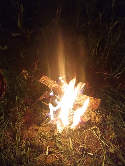 An outdoor campfire burns at night. The flames are bright white and yellow, with some orange and red embers visible. The fire is burning on a bed of ash and dirt, with several pieces of wood. Tall grass surrounds the campfire, and some leaves are scattered on the ground. In the background, there is dark foliage, likely trees or bushes. The lighting suggests it is nighttime, with the fire providing the primary light source. The location is in or around Палыкавіцкі сельскі Савет, Belarus. There are no people or animals visible in the image.