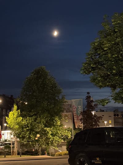 This image depicts a nighttime scene in Sankt Wendel, Germany, likely during a crescent moon phase as indicated by the partially illuminated moon in the dark blue sky. In the foreground, the right side of a black SUV is visible, bearing the "BOUDIER" logo on its rear panel. Behind the vehicle, a street-level view shows a sidewalk area with bollards and a low chain barrier.

Dominating the mid-ground are several trees. The most prominent is a large deciduous tree with dense green foliage, illuminated from the front, making its leaves appear bright and vibrant. To its left, a smaller, more slender tree with yellowish-green leaves is also illuminated. Further to the left, a portion of a building with visible window lights is present.

In the background, two tall, narrow banners are visible. One is predominantly white with an image on the left side and red lettering that reads "MUSEUM" vertically on the right. Adjacent to it is another banner with similar design elements. Behind these banners, buildings with illuminated windows suggest an urban environment. The overall ambiance is that of a well-lit street at night, with the natural light from the moon providing a subtle contrast to the artificial illumination.