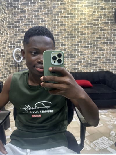 A young man in an olive green shirt with white lettering takes a selfie in front of a mirror. He holds a light green iPhone, showcasing the three lenses on its back. The reflection shows a tiled wall, a black couch with a red pillow, and part of a chair. The lettering on the shirt includes "Summer Adventures" and "Newday." The man has short, dark hair and a clean-shaven face.