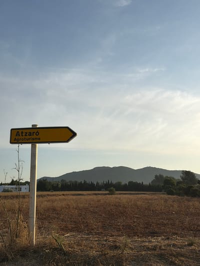 The image depicts a rural scene with a directional sign indicating "Atzaro" and "Agroturisme" pointing to the right. The sign is yellow with black lettering and is mounted on a wooden post. The foreground is a dry, brown field with sparse vegetation. In the midground, there is a line of trees and a distant hill covered with vegetation. The sky is a pale blue with some wispy clouds. On the left side of the image, a white building is partially visible behind some dry plants. The scene suggests a location in Sant Joan de Labritja, Spain, known for its agricultural tourism. The lighting indicates it is either early morning or late afternoon. There are no people or animals visible in the image.