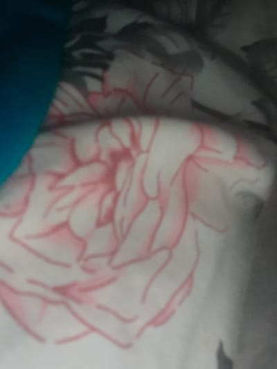 The image shows a close-up, blurry view of a floral pattern on a white fabric. The floral design appears to be a pink rose with visible petals and lines. A dark blue object is visible in the upper left corner, partially obscuring the floral pattern. The lighting is dim, and the image is out of focus, making it difficult to discern finer details. The scene is likely indoors, possibly on a bed or sofa, given the fabric texture and the way it is draped. No specific details about the city of Liubakhy, Ukraine, are discernible from this image.