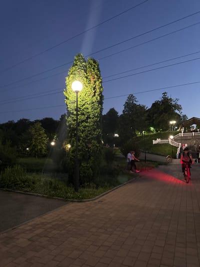 In Endirei, Russia, at dusk, a park scene unfolds with a blend of nature and human activity. A prominent street lamp with a bright, spherical bulb illuminates a lush, green bush, creating a stark contrast against the deepening blue sky. Overhead, a network of power lines crisscrosses the frame, adding an industrial element to the natural setting.
The paved pathway, constructed from light brown bricks, curves through the park, suggesting a well-maintained recreational area. On this path, two individuals are captured in motion. One, on a bicycle, is illuminated by a red light, casting a vibrant glow on the bricks. Another pair appears to be dancing or interacting closely, their figures silhouetted against the dim light.
Further into the park, a white balustrade leads up to a building, hinting at a more formal architectural structure within the landscape. Several other street lamps are visible in the distance, their lights dotting the park and guiding the way. The surrounding trees are dark and dense, characteristic of a temperate evening. The overall atmosphere is peaceful and serene, with the fading light lending a touch of mystery to the scene. No visible text is present in the image.