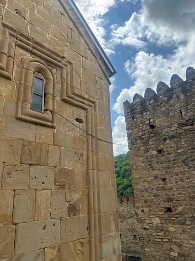 The image shows the stone walls of an ancient structure, possibly a monastery or fortress, in Shalikiantkari, Georgia. On the left, a large wall made of light brown, rectangular stone blocks features an arched window with a dark pane. Decorative stone molding frames the window and runs vertically along the wall. A dark wire stretches horizontally across this wall. To the right, a section of a rougher, darker stone wall with battlements rises. The background reveals a lush green hillside covered in trees, under a sky with scattered white clouds. Three birds are visible in flight against the sky.