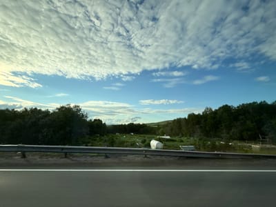 The image depicts a view from a vehicle, likely a car, looking out over a landscape. In the foreground, there is a dark asphalt road with a white line marking the lane. A metal guardrail separates the road from the area beyond.
The middle ground reveals a rural scene with scattered vegetation and some small structures. There appear to be several white, greenhouse-like structures and possibly some gardening plots. A line of dense trees forms a backdrop to this area, with varying shades of green indicating different types of foliage.
The background consists of rolling hills covered in more trees, fading into a hazy horizon. The sky above is a prominent feature, with a large expanse of blue sky punctuated by dynamic, textured white clouds. The clouds exhibit a rippled or wavy pattern, suggesting movement or atmospheric conditions. The overall lighting suggests it is daytime, possibly late afternoon or early morning, given the quality of light.
The location in the city of Vykhodnoi, Russia, is not explicitly visible within the image itself through any signage or identifiable landmarks. The scene is a generic rural or semi-rural landscape.