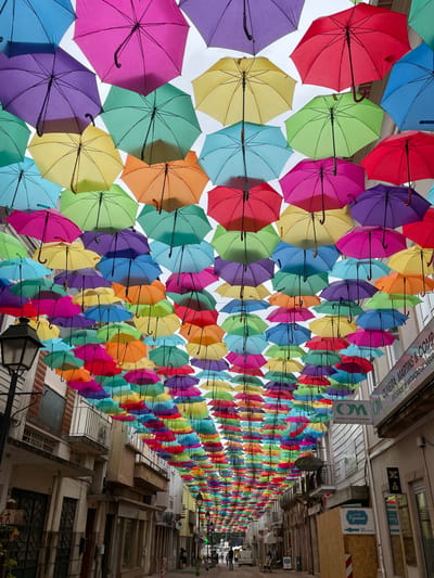 This media file shows a street in Águeda, Portugal, adorned with a vibrant canopy of colorful umbrellas suspended overhead. The scene is illuminated by natural daylight, suggesting it is daytime. The umbrellas, in a spectrum of hues including red, yellow, green, blue, purple, and pink, are arranged in rows, creating a lively and festive atmosphere. They are hung from hooks attached to the buildings that line the narrow street, casting colorful shadows below.
The buildings themselves appear to be old and traditional, with balconies and windows typical of European architecture. Some buildings have signs with visible text. One sign reads "OLIVEIRA, MARTINS & COM SOCIEDADE DE MEDIAÇÃO DE SEGUR". Another sign points to "Pijamas" with an arrow and "20 metros". There is also a sign for "Dr. Optica". The overall impression is one of a charming and picturesque European street that has been transformed into an art installation. The weather appears to be fair, as the umbrellas are open and stretched, indicating no rain. The scene evokes a sense of joy and wonder, transforming an everyday urban space into a visually captivating experience.