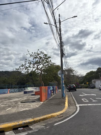 The image shows a street corner in San Rafael, Costa Rica (latitude: 9.938, longitude: -84.153). A concrete skate park with graffitied walls and a metal fence is located on the left side of the frame. There are several trees, including a large one with branches that extend over the skate park. A streetlight with multiple wires is visible in the center. A single car is parked on the right side of the frame. The road is paved and has white markings for a two-way street, indicating a turn to the left. The sky is overcast with scattered white clouds.