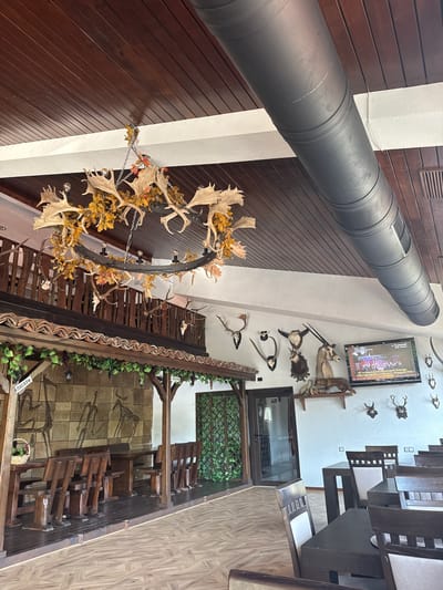 The image depicts the interior of a rustic-themed restaurant or tavern in Melnik, Bulgaria, as indicated by text visible on a television screen. The scene is devoid of people. The ceiling consists of dark brown wooden planks interspersed with white structural beams. A large, dark grey cylindrical HVAC duct runs diagonally across the upper right portion of the ceiling, bearing text including "K-FLEX ST" and "AIRMETALL".

A prominent chandelier, crafted from numerous real or replica deer antlers and adorned with artificial autumn leaves, hangs centrally from the ceiling. Beneath the chandelier, a wooden mezzanine level with a railing is visible, featuring additional mounted animal antlers and skulls.

The lower left section of the establishment features a raised dining area constructed from dark wood, with rustic wooden tables and benches. This area is bordered by a wall textured with stone blocks, upon which stylized cave painting-like figures of animals and humans are depicted. Artificial green grapevines with bunches of grapes are draped along the perimeter of this raised section. Wooden signs reading "ПИСАРИ" and "ХАНДЖИЙСКИ" are affixed to the wooden supports of this area.

The main dining area, in the foreground and extending to the right, features lighter-colored wooden plank flooring laid in a herringbone pattern. It contains multiple dark wooden tables paired with chairs upholstered in light cream fabric.

The right wall, painted white, is adorned with numerous taxidermied animal heads and skulls, including various species of deer, antelopes, and goat-like animals. A flat-screen television is mounted on this wall, displaying text in Cyrillic, referencing the "XV National Folklore Competition," "Melnik," "Strumyani 2023," and other locations like "s. Petrovo" and "s. Ognyanovo, Pazardzhik region," confirming the regional context. Below the television, a wooden shelf holds smaller taxidermied mammals resembling a weasel and a fox. A glass door with a "WC" sign is visible on the mid-left wall.
