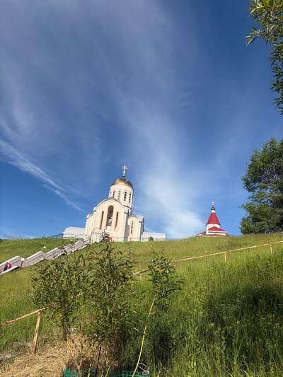The image presents a serene outdoor vista dominated by two Orthodox Christian churches under a bright blue sky. The main subject is a substantial, light-colored church, likely cream or pale pink, centrally located. It features a striking golden dome topped with an Orthodox cross, and its facade includes multiple arched windows and architectural detailing.
To the right and slightly behind the main church, a smaller religious building is visible. This structure has a distinctive red pyramidal roof, also surmounted by a cross, providing a contrasting element against the sky.
The landscape consists primarily of lush green grass, suggesting either a natural hillside or a well-maintained lawn, encompassing the churches. In the upper left corner of the frame (when oriented correctly), the green foliage of a tree extends into the sky, while a smaller, leafy bush occupies the lower right foreground. A light-colored pathway or a series of steps ascends towards the main church on the right side, flanked by white railings. A green mesh fence is partially visible near the foreground foliage.
The sky is a clear, vibrant blue with scattered, wispy white clouds, indicating a sunny day, likely midday or early afternoon. A small figure in red is faintly visible on the path leading to the main church, but no significant human activity is otherwise depicted. The scene conveys a sense of peacefulness and spiritual tranquility. The architectural style of the churches, with their domes and crosses, is characteristic of Orthodox Christianity, aligning with the specified location of Varvarovka, Russia. No visible text is present in the image.