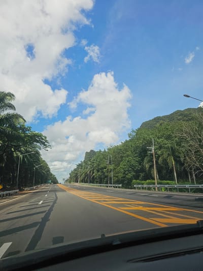 The media file depicts a scenic view of a highway passing through a lush, tropical landscape in Ban Nai Sa, Thailand. The scene is dominated by a bright blue sky filled with scattered white clouds, suggesting fair weather and a daytime setting, likely late morning or early afternoon given the lighting.

The highway itself is a prominent feature, with fresh asphalt and clear yellow lane markings. The road appears to be newly constructed or well-maintained, with white dashed lines indicating lanes. On the right side of the road, a dark, possibly vehicle-mounted, object frames the highway, suggesting the photo was taken from a moving vehicle.

To the left of the highway, a dense green forest covers a steep hillside, with palm trees and other tropical foliage creating a vibrant natural backdrop. The trees are tall and full, indicating a healthy ecosystem. Interspersed amongst the trees are utility poles with electrical wires, a common sight along roadsides in many areas. A solitary lamppost is visible in the sky towards the upper left of the frame.

The overall impression is one of a serene and beautiful natural environment juxtaposed with modern infrastructure. There is no visible text in the media file. The image conveys a sense of peaceful travel through a picturesque, tropical location.