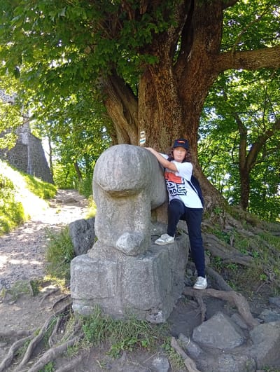 A young person with long, curly brown hair, wearing a white t-shirt with orange and black graphics, dark pants, a black baseball cap, and white sneakers, leans against a large, smooth, grey stone sculpture resembling an animal's head with a short neck. The sculpture is on a base of stacked grey stones. The scene is outdoors, at the base of a massive tree with thick, textured bark and a canopy of lush green leaves. The ground is a mix of dirt, rocks, and exposed tree roots. To the left of the sculpture and person, a gravel path winds uphill, bordered by green grass. In the background, a stone structure, possibly a wall or building, is visible on the left, partially obscured by foliage. The image appears to be taken during the daytime, with sunlight filtering through the trees. The location is identified as Sobótka, Poland.