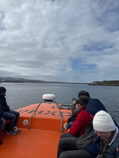 An orange boat, likely a tour vessel, traverses a body of water in the Falkland Islands (Islas Malvinas), near Stanley. Onboard, approximately seven individuals are seated, facing forward. One passenger, centered in the mid-ground, wears a wide-brimmed hat and operates a digital single-lens reflex (DSLR) camera with a telephoto lens. Another passenger on the far left wears a black beanie and jacket, observing the port side. A third passenger in the foreground on the right wears a dark blue hooded jacket and a white knitted beanie. The boat features a white Furuno radar dome mounted on a metal frame at its bow section. The water is dark and calm under an overcast sky with patches of visible blue. In the distant background, to the left, a large cruise ship with a dark hull and white superstructure is visible against a low, sparsely vegetated landmass. To the right, a rocky, rugged island or peninsula with minimal vegetation is present.