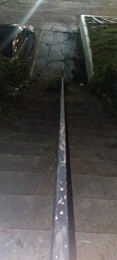 The image depicts an outdoor staircase leading downwards. The steps appear to be made of stone or concrete. A metal handrail runs down the center of the staircase. Vegetation is visible on either side of the staircase. At the top of the stairs, a parked car is partially visible to the left, and a patch of grass enclosed by a wall is on the right. The lighting suggests it is nighttime or a dimly lit area. This location is in the city of Fort Smith, United States of America.
