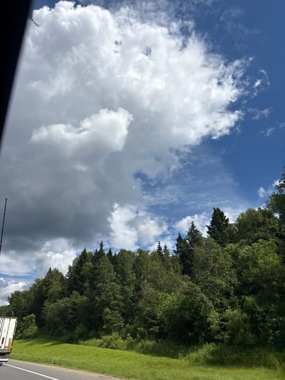 The image depicts a roadside scene with a dense forest bordering a bright green grassy area. The sky above is a vibrant blue, punctuated by large, fluffy white clouds mixed with some darker, more ominous storm clouds. A portion of a white truck trailer is visible on the left side of the frame, suggesting the image was taken from a moving vehicle on a road. The forest is lush and varied in tree types, with some evergreen trees interspersed among deciduous ones. The overall impression is one of a natural landscape under a dynamic sky, likely captured during daylight hours in a rural or suburban setting. The location provided is Nazar'evo, Russia.