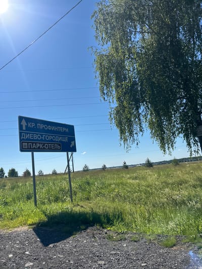 The image shows a blue directional sign in Zavolzhye, Russia, set against a backdrop of a sunny sky, a tall tree with green foliage, and a field of tall green grass. The sign has white text and arrows. The top text reads "↑ КР. ПРОФИНТЕРН" (up arrow, Profintern Island), the middle text reads "ДИЕВО-ГОРОДИЩЕ" (Divo-Gorodishche), and the bottom text reads "■ ПАРК-ОТЕЛЬ" (a building icon, Park-Hotel) with a right arrow. The sign is mounted on two metal poles. There are power lines crossing the sky. The field is characterized by tall, wild grasses and a few scattered smaller trees in the distance. A dirt road is visible in the foreground.