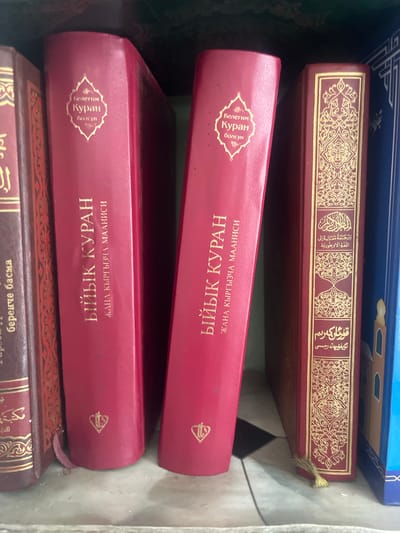 A close-up, eye-level shot shows a shelf in what appears to be a religious institution or library in Tashlak, Kyrgyzstan, displaying several books with predominantly red and gold bindings. The books are arranged in a row, leaning slightly against each other. The leftmost book has a faded burgundy cover with some text that is partially obscured and illegible. To its right are two identical red books with ornate gold lettering. The first red book features a decorative gold emblem at the top, followed by the words "БИЙЫК КУРАН" (BIYYK QURAN) in large gold Cyrillic script, and below it, "ЖАНА КЫРГЫЗЧА МААНИСИ" (JANA KYRGYZCHA MAANISII) in smaller gold Cyrillic script. A similar gold emblem is visible on the spine of the second red book. Further to the right is a book with a burgundy cover featuring intricate gold Islamic calligraphy and decorative patterns. The spine is divided into sections by gold ornamentation, with Arabic script in the top and bottom sections. The last visible book on the far right has a blue cover with a decorative gold border. The books rest on a speckled gray shelf. The overall impression is one of well-maintained religious texts, possibly a local translation or commentary of the Quran, suggesting a context of religious study or devotion.