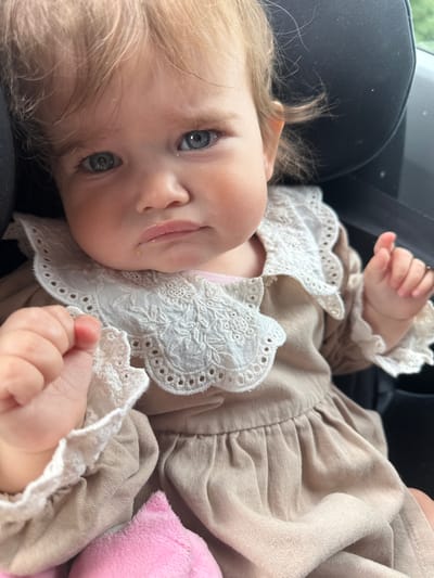 A close-up, waist-up shot captures a young child, appearing to be a toddler, seated in a car seat. The child has light brown hair and blue eyes, with a slight pout visible on their lips. They are wearing a beige dress with a white lace collar and cuffs. One of the child's hands is raised, and a portion of a pink plush toy is visible in the lower left corner of the frame. The background is dark and blurry, consistent with the interior of a vehicle. No specific details about the city of Limburg an der Lahn, Germany, are discernible from the image itself.