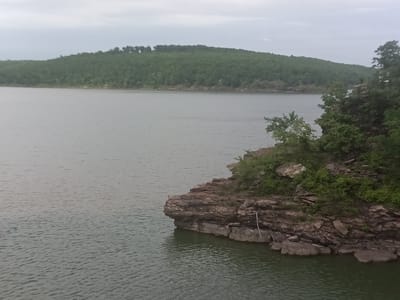 The image depicts a body of water with a rocky outcrop in the foreground, possibly a lake or large river. The water is calm with gentle ripples. The rocky outcrop is covered with vegetation, including trees and shrubs. In the background, a forested hill is visible across the water. The sky is overcast and grey. The location is near Park Hill, United States. There are no people visible in the image.
