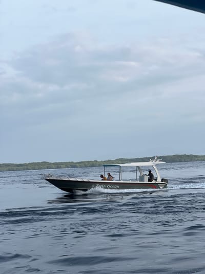 A dark-hulled motorboat, identified by the name "Twin Ocean" on its side, traverses the dark blue, rippled waters near Toyapakeh, Indonesia. The vessel, equipped with a white overhead canopy, is actively generating a white wake and bow spray as it moves. Three individuals are present on board: one operator, dressed in dark clothing, is positioned at the helm on the boat's starboard side. Two additional individuals, presumably passengers, are visible seated or standing mid-ship on the port side. The background features a distant, low-lying landmass covered in dense green foliage, consistent with a coastline or island, under a uniformly overcast, light grey sky.
